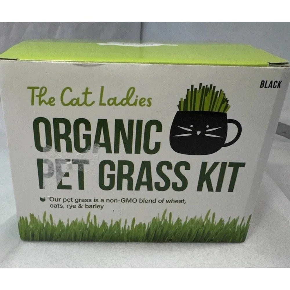 The Cat Ladies Organic Pet Grass Kit Black Cat Mug Non GMO Wheat Oats Rye Barley